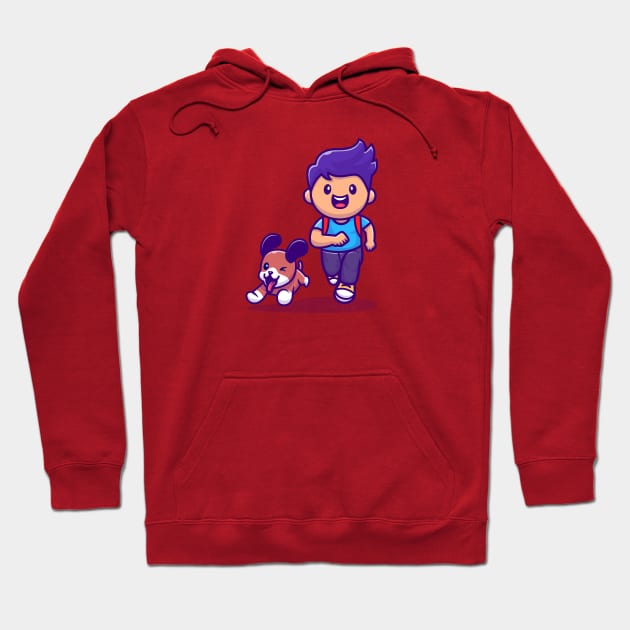 Cute Boy Running With Dog Cartoon Hoodie by Catalyst Labs